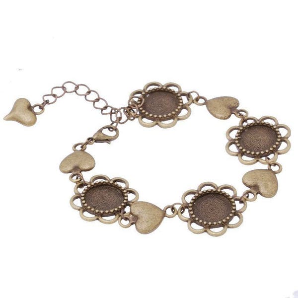 Bracelet chaîne et coeur bronze support cabochons 12 mm.