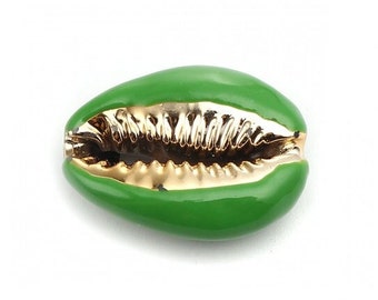 1 cowrie shell bead 15 mm natural galvanized gold emerald green enamel