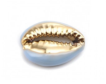 1 cowrie shell bead 20 mm natural galvanized gold with turquoise blue enamel