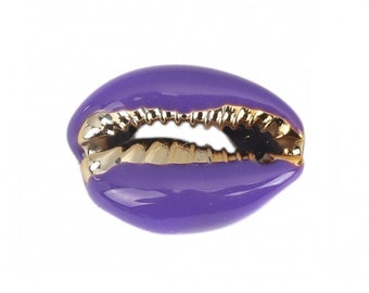 1 cowrie shell bead 15 mm natural galvanized gold with purple enamel