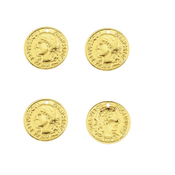 4 sequins pièces de monnaie pendentifs ronds 15 mm métal doré