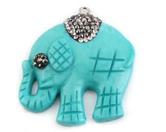 1 pendentif éléphant 40 mm turquoise strass cristal et résine