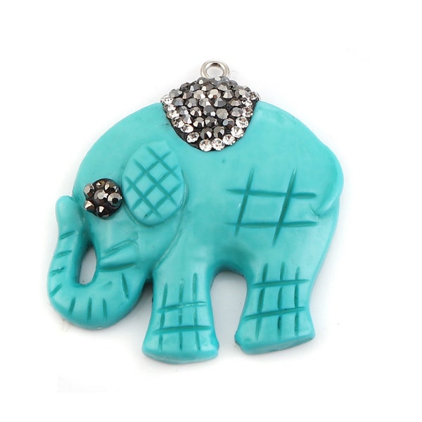 1 pendentif éléphant 40 mm turquoise strass cristal et résine