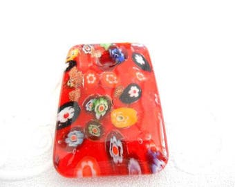 1 large 50 mm glass rectangle pendant red millefiori flowers