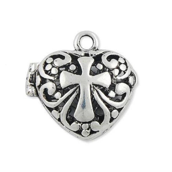 1 pendentif cage coeur ciselé croix métal argenté