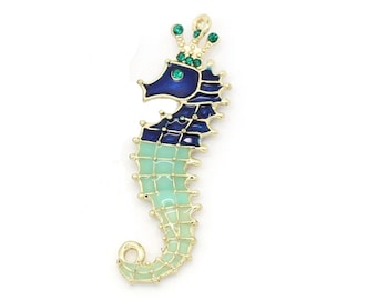1 large gold sea horse sea horse pendant with green blue enamel