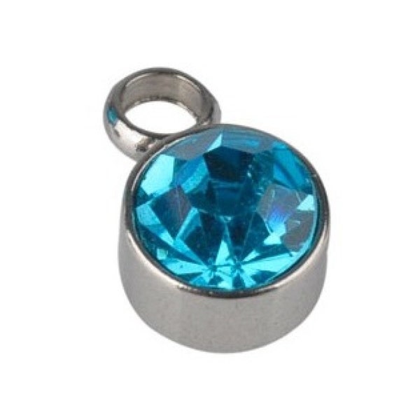 1 pendentif rond 8 mm strass verre turquoise métal acier