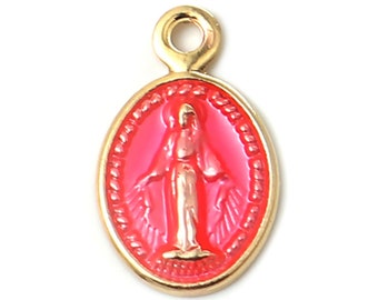 1 pendentif 13 mm médaillon religieux madone vierge doré émail rose fuchsia