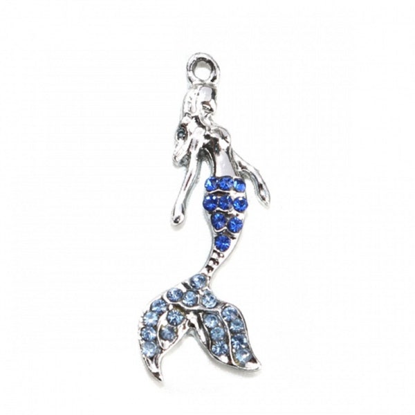 1 pendentif sirène poisson strass bleus métal argenté