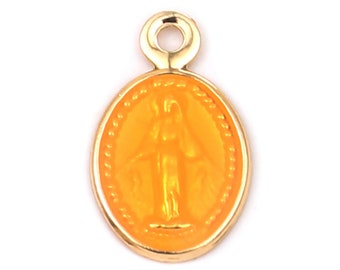 1 pendentif 13 mm médaillon religieux madone vierge doré émail orange