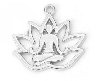 2 yoga pendants lotus flower silver metal