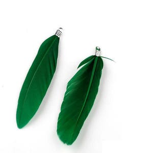 2 green feather pendants 70 mm and silver metal