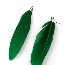 2 green feather pendants 70 mm and silver metal