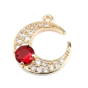 1 half moon pendant gold metal red and shiny crystal rhinestones