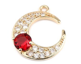 1 pendentif demi lune métal doré strass cristal rouge et brillant