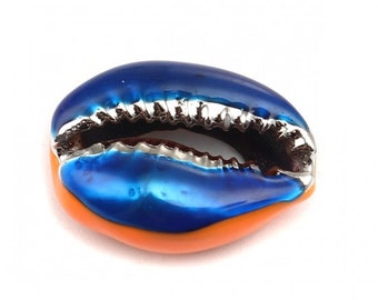 1 cowrie shell bead 17 mm natural galvanized gold enamel orange and electric blue