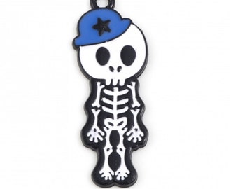 1 pendant Halloween skeleton metal black enamel blue white