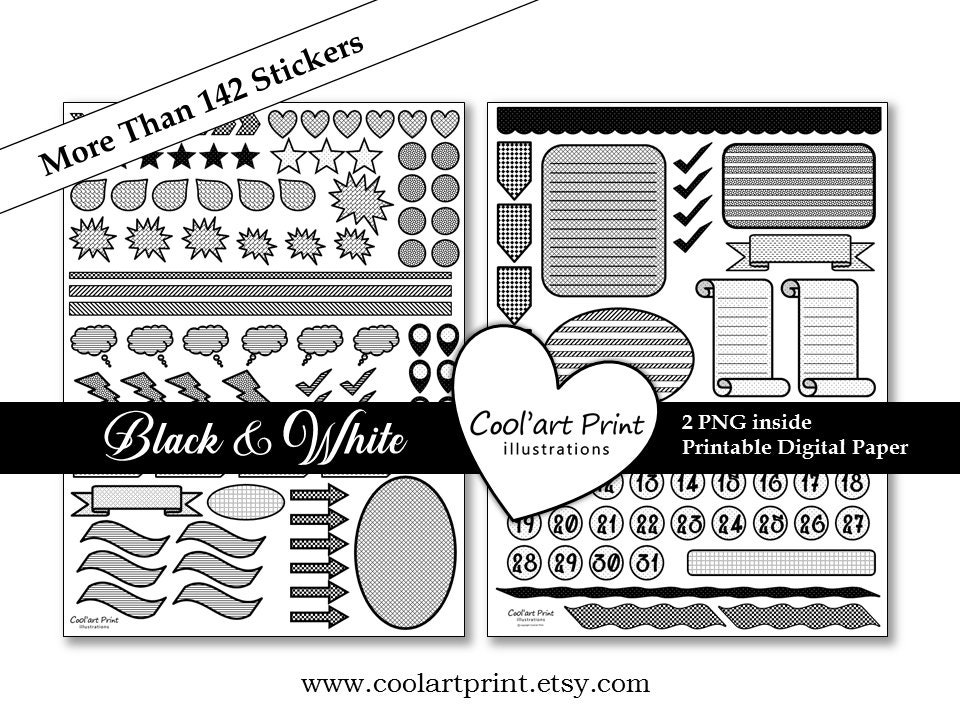 black and white stickers printable stickers diary planning etsy
