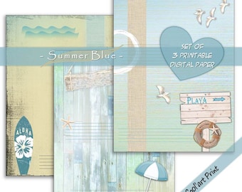 Page scrapbooking surfe et plage. Junk journal été. Page scrapbook bleu et beige. Album souvenirs vacances. Ambiance bord de mer. Diy