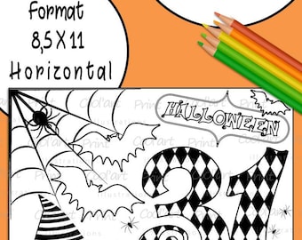 Può includere: Una pagina da colorare di Halloween stampabile con il numero 31 in un motivo a rombi bianco e nero, una zucca con un cappello a righe, pipistrelli e una ragnatela. Il testo riporta Page à Colorier, Format 8,5 X 11 Horizontal e Octobre.