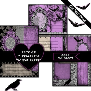 Scrapbooking pages of Gothic style. Gothic purple, gray, black. Gothic pages. Victorian gothic purple style. Halloween chic purple, Gothic