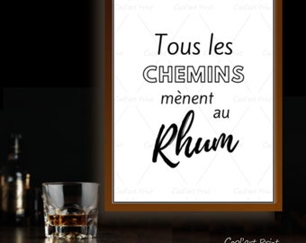 Rum decoration. Word games. All roads lead to Rum. Funny quote about alcohol. Humorous poster. Comic quote