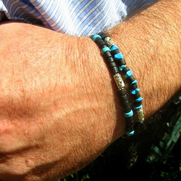 BRACELETS homme pierre Turquoise, perles bois coco, Set bracelets minimaliste, mala, Leather evil eye bracelet, cadeau homme/femme/ couple