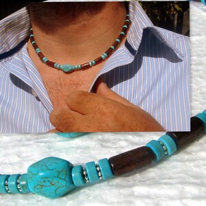 Collier Homme pierre naturelle TURQUOISE Perles bois du coco Set bijoux unisex tribal ethnique, Cadeau Decembre homme/femme/COUPLE necklace style 1