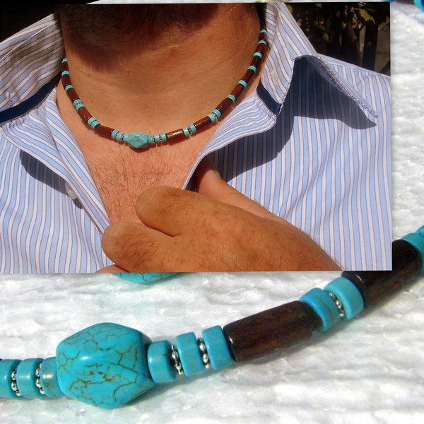 Collier Homme pierre naturelle TURQUOISE Perles bois du coco Set bijoux unisex tribal ethnique, Cadeau Decembre homme/femme/COUPLE