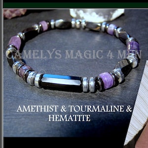 Men AMETHYST stone Tourmaline Hematite, Healing protection bracelet Men, women, couple gift, February stone