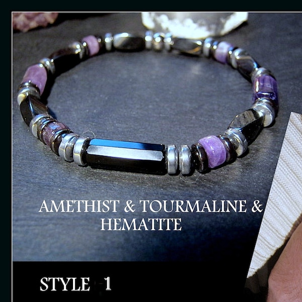 BRACELET homme pierre précieuse  Améthyste Tourmaline, Hematite Bracelets pierre protection, cadeau couple,homme/femme