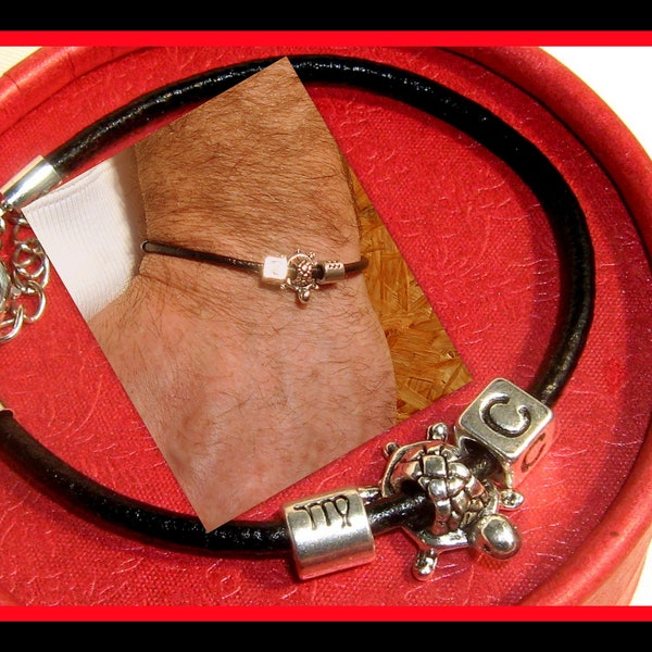 Men BRACELET vegan cord or Leather Personalized Zodiac Initial Men Bracelet, Protection Talisman Turtle.  Men/women couple gift