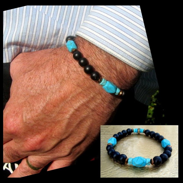 Men Turquoise stone  bracelet black Onyx. Coco wood hematite December stone.Protection & prosperity bracelet. Men/women/ couple Gift