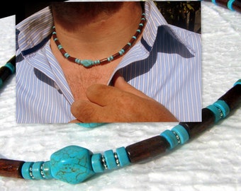 Collier Homme pierre naturelle TURQUOISE Perles bois du coco Set bijoux unisex tribal ethnique, Cadeau Decembre homme/femme/COUPLE