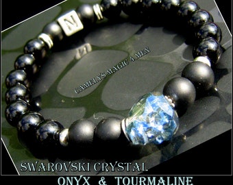 Bracelet Homme Crâne cristal SWAROVSKI, pierre TOURMALINE, Onyx, bracelet protection personnalisé, Cristal guérison, cadeau homme/couple