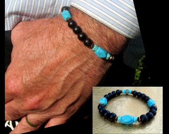 Men Turquoise stone  bracelet black Onyx. Coco wood hematite December stone.Protection & prosperity bracelet. Men/women/ couple Gift