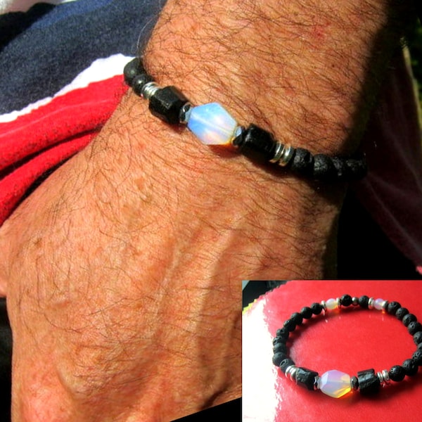 Men stone OPAL Bracelet raw Tourmaline Hematite Moonstone, Healing protection bracelet men, women, couple gift