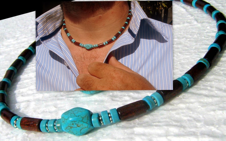 Collier Homme pierre naturelle TURQUOISE Perles bois du coco Set bijoux unisex tribal ethnique, Cadeau Decembre homme/femme/COUPLE necklace style 1