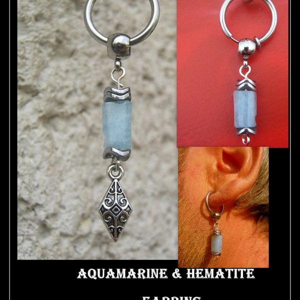 Boucle d'oreilles Aigue-marine Pierre d'abondance,Hematite HOOP ou clips unisex, cadeau homme femme cadeau couple