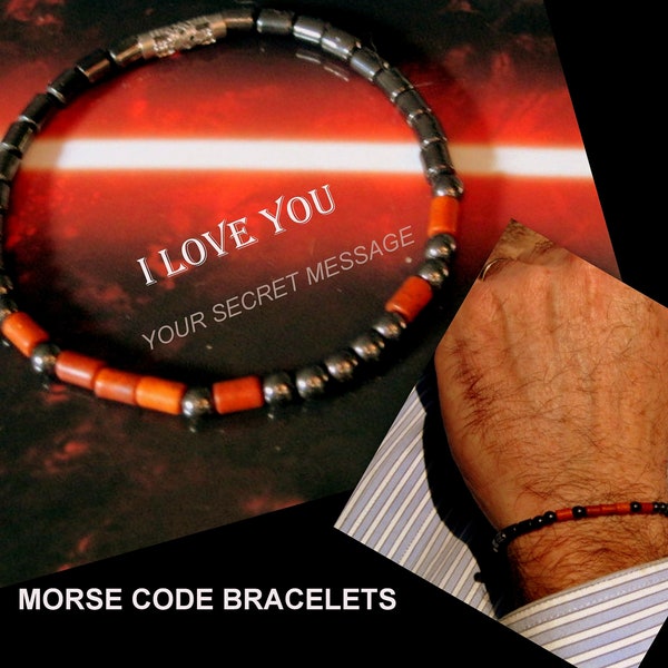 Bracelet Morse Corail rouge homme/ femme personnalisé, Bracelets minimaliste, message caché, pierre Hematite, cadeau couple /homme / femme