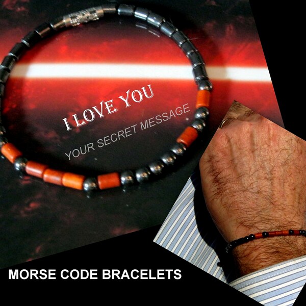 Bracelet Morse Corail rouge homme/ femme personnalisé, Bracelets minimaliste, message caché, pierre Hematite, cadeau couple /homme / femme