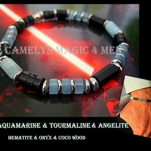 Men AQUAMARINE & ANGELITE Tourmaline Hematite Onyx SET bracelets , Healing crystal, Stack set bracelet Men/couple gift,