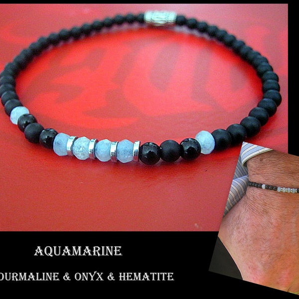 BRACELET homme Aigue-marine & Angelites Onyx Tourmaline Diamant noir Spinelle Hematite Bracelets minimaliste Pierre Mars cadeau  homme/femme