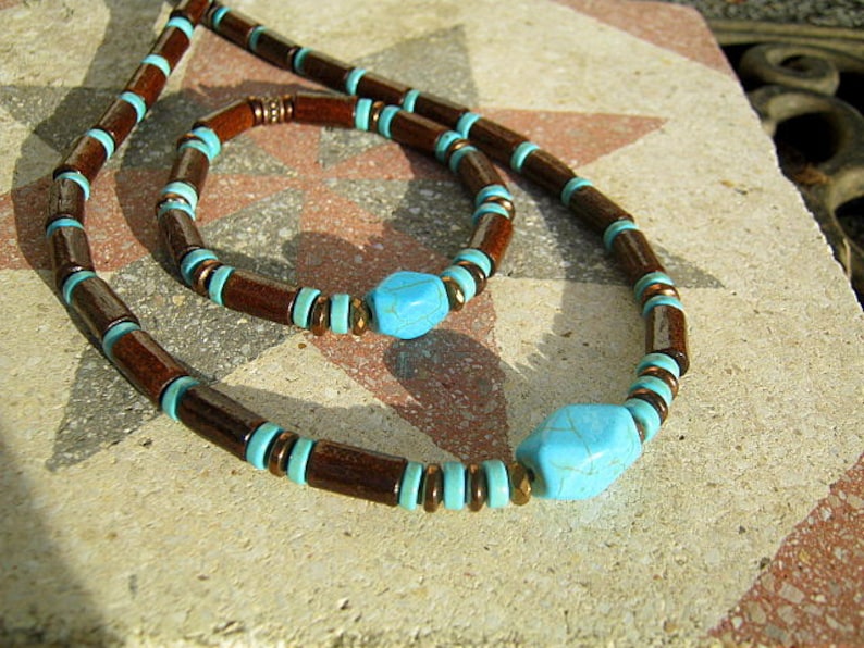 Collier Homme pierre naturelle TURQUOISE Perles bois du coco Set bijoux unisex tribal ethnique, Cadeau Decembre homme/femme/COUPLE SET style 2