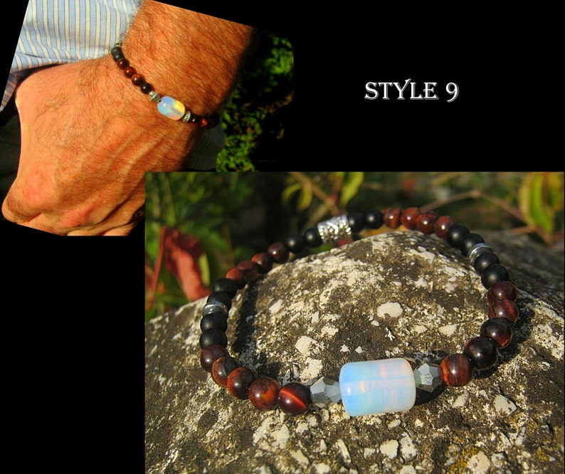 Men stone Opal Bracelet Tourmaline Hematite Onyx Tiger eye Moonstone, bestseller Healing protection bracelet men, women, couple gift STYLE 9 T.E. RED