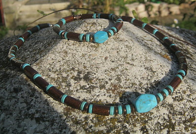 Collier Homme pierre naturelle TURQUOISE Perles bois du coco Set bijoux unisex tribal ethnique, Cadeau Decembre homme/femme/COUPLE image 7