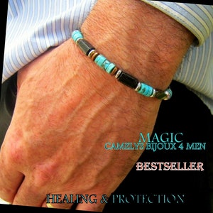 BRACELET Homme Pierre Turquoise Tourmaline Aigue-marine Lapis lazuli Jaspe Sanguin Onyx Lave Hematite Argent Cadeau homme Protection image 1