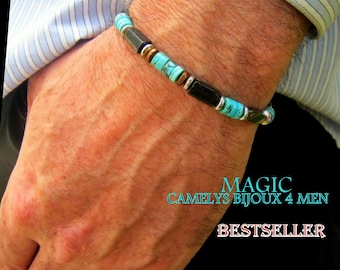 BRACELET Homme Pierre Turquoise Tourmaline Aigue-marine Lapis lazuli Jaspe Sanguin Onyx Lave Hematite Argent Cadeau homme Protection