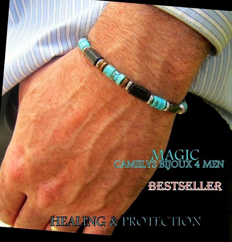 BRACELET Homme Pierre Turquoise Tourmaline Aigue-marine Lapis lazuli Jaspe Sanguin Onyx Lave Hematite Argent Cadeau homme Protection image 1