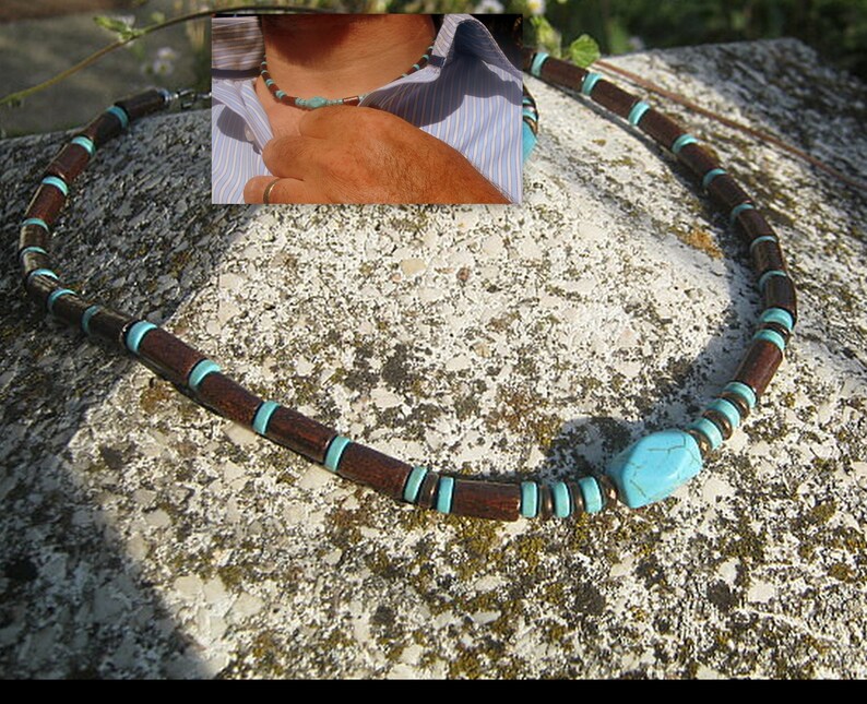 Collier Homme pierre naturelle TURQUOISE Perles bois du coco Set bijoux unisex tribal ethnique, Cadeau Decembre homme/femme/COUPLE necklace style 2